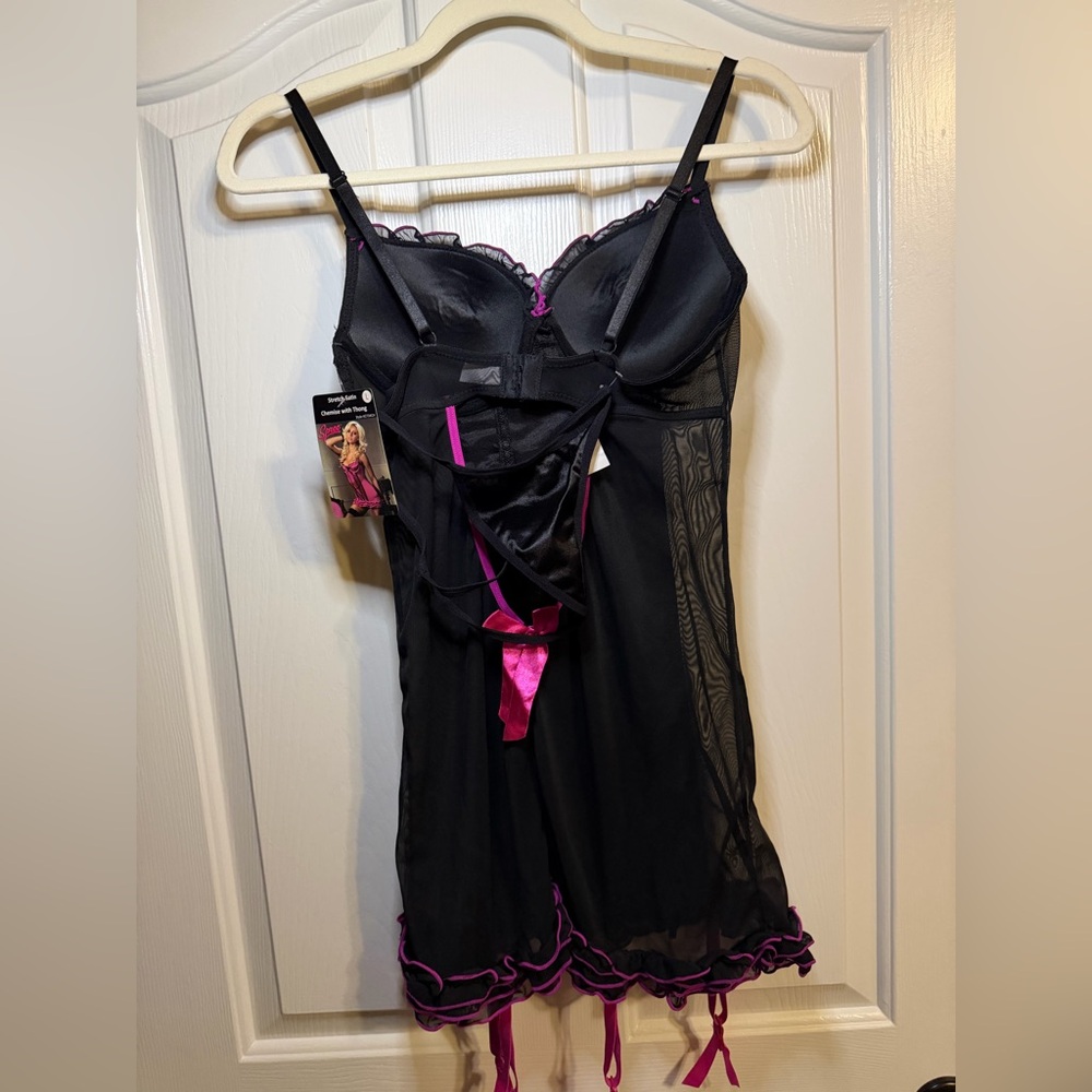 NWT Satin Black and Pink Chemise with Lace Trim and Panties - Picture 5 of 8